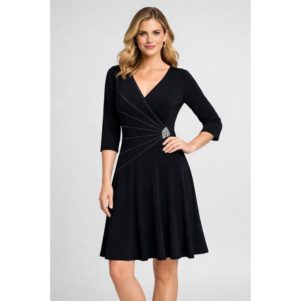 Vintage Tadashi Made in USA black stretch Jersey Fit & Flare Embellished Dress 8
